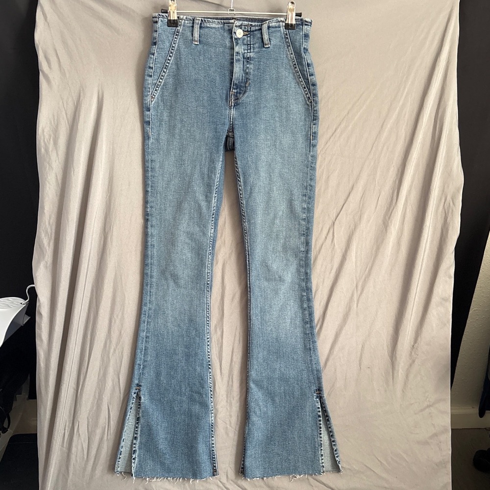 We The Free Flare Jeans 26 Blue Boho Indie 70s Retro Slit Hem High Rise Frayed